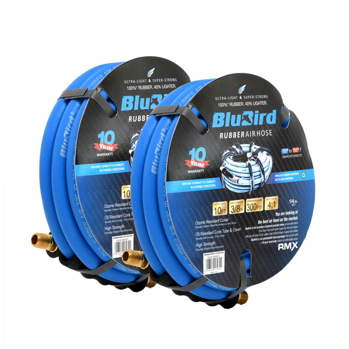 Blubird 3/8" X 10' Rubber Air Hose Assembly 3/8" Male-NPT, 2-Pack BB3810-2PK