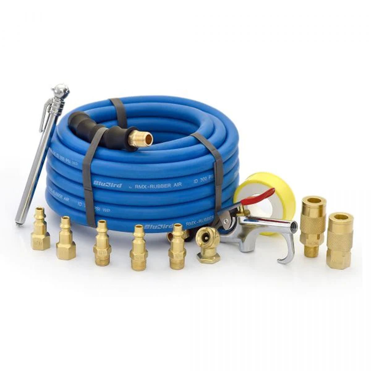 Blubird 3/8" X 25' Rubber Air Hose Assembly 3/8" Male-NPT w/ 10 Pc Brass Accessory Kit BB3825KIT-10