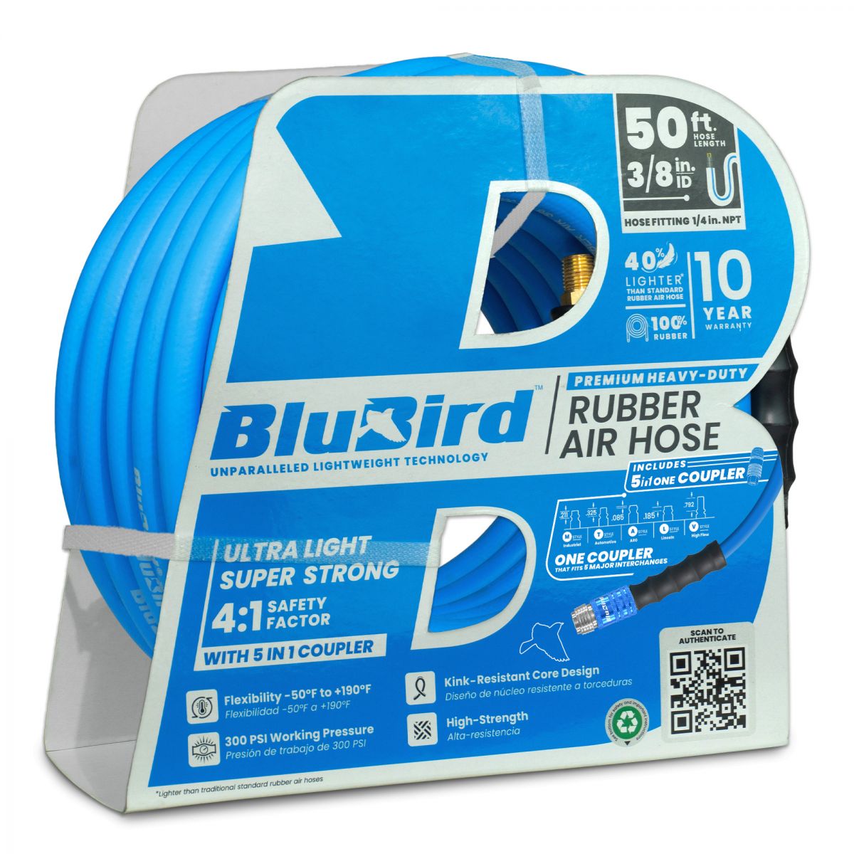 Blubird 3/8" X 50' Rubber Air Hose Assembly 3/8" Male-NPT with Universal 5 in 1 Coupler BB3850-5CP