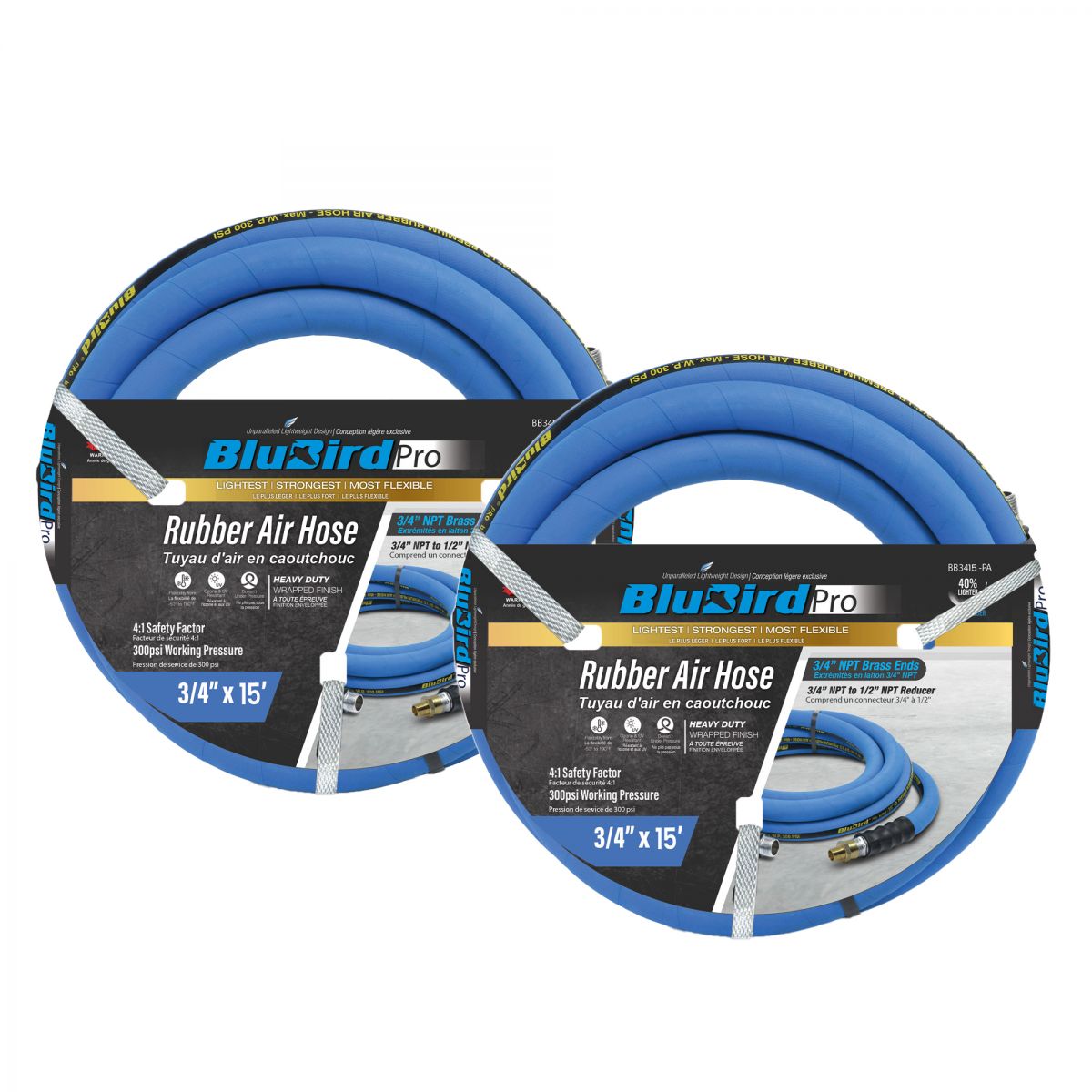 Blubird 3/4" X 15' Pro Rubber Air Hose Assembly 3/4" Male-NPT, 2-Pack BBPRO3415-2PK