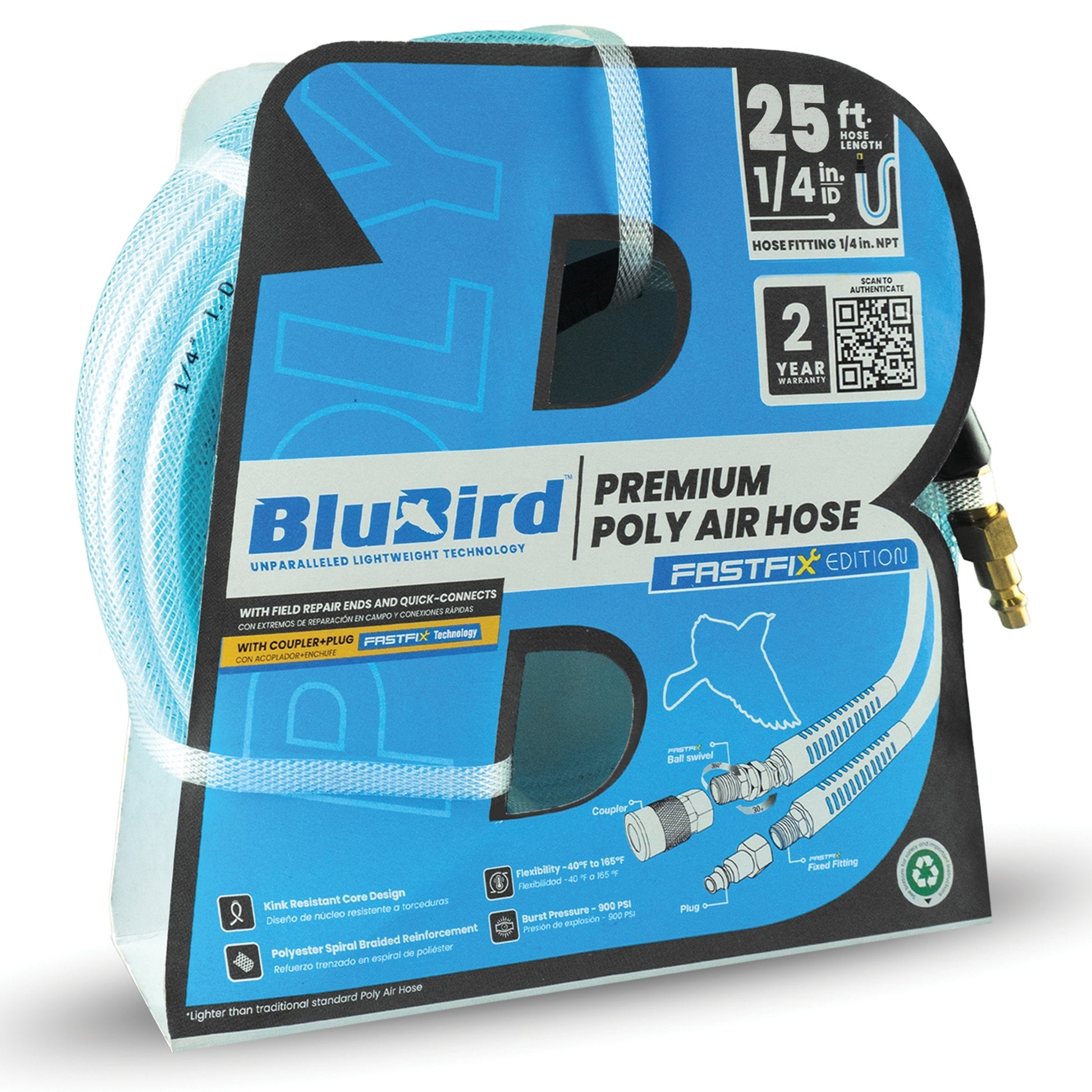 Blubird 1/4" X 25' Poly Air Hose Assembly w/ Fast FiX Field Repairable Fitting and Quick Connect Coupler BBPU1425