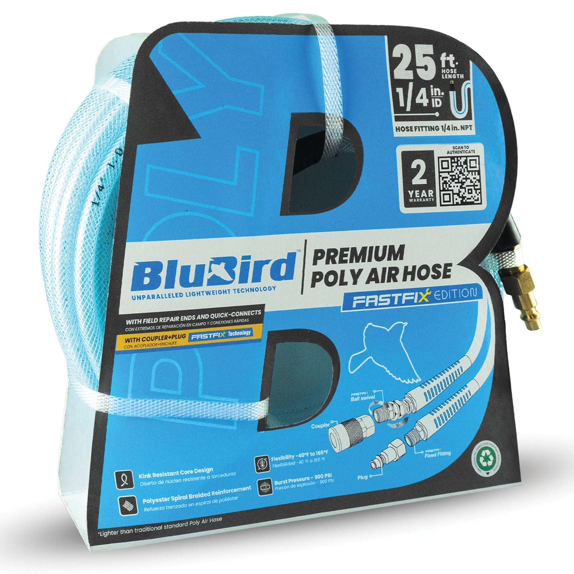 Blubird 1/4" X 25' Poly Air Hose Assembly w/ Fast FiX Field Repairable Fitting and Quick Connect Coupler BBPU1425