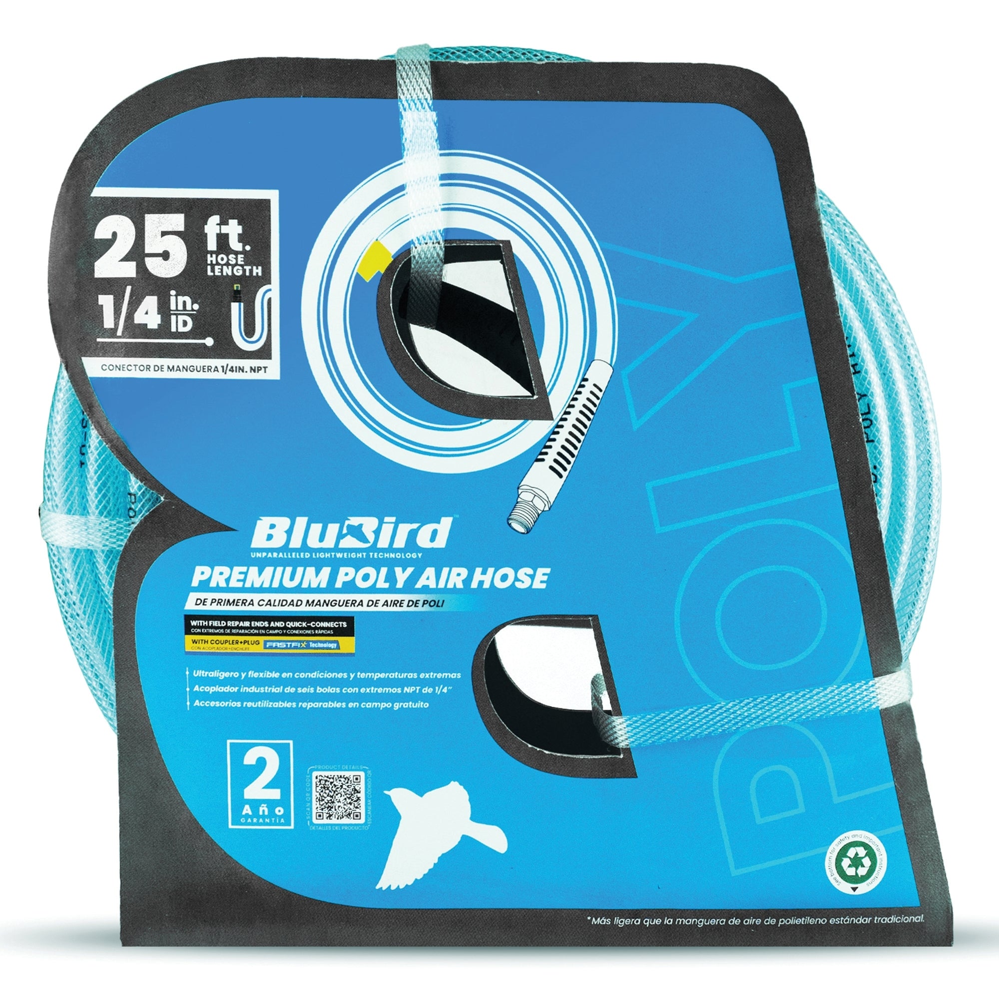 Blubird 1/4" X 25' Poly Air Hose Assembly w/ Fast FiX Field Repairable Fitting and Quick Connect Coupler BBPU1425