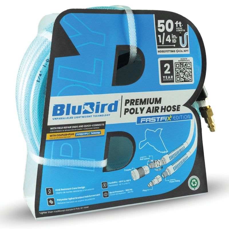 Blubird 1/4" X 50' Poly Air Hose Assembly w/ Fast FiX Field Repairable Fitting and Quick Connect Coupler BBPU1450