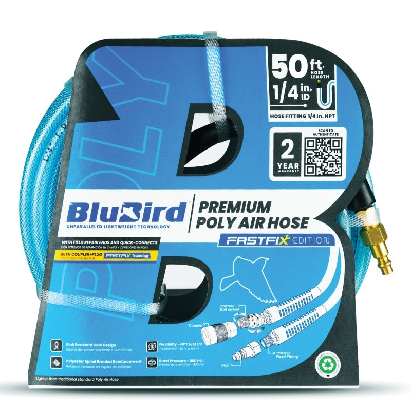Blubird 1/4" X 50' Poly Air Hose Assembly w/ Fast FiX Field Repairable Fitting and Quick Connect Coupler BBPU1450