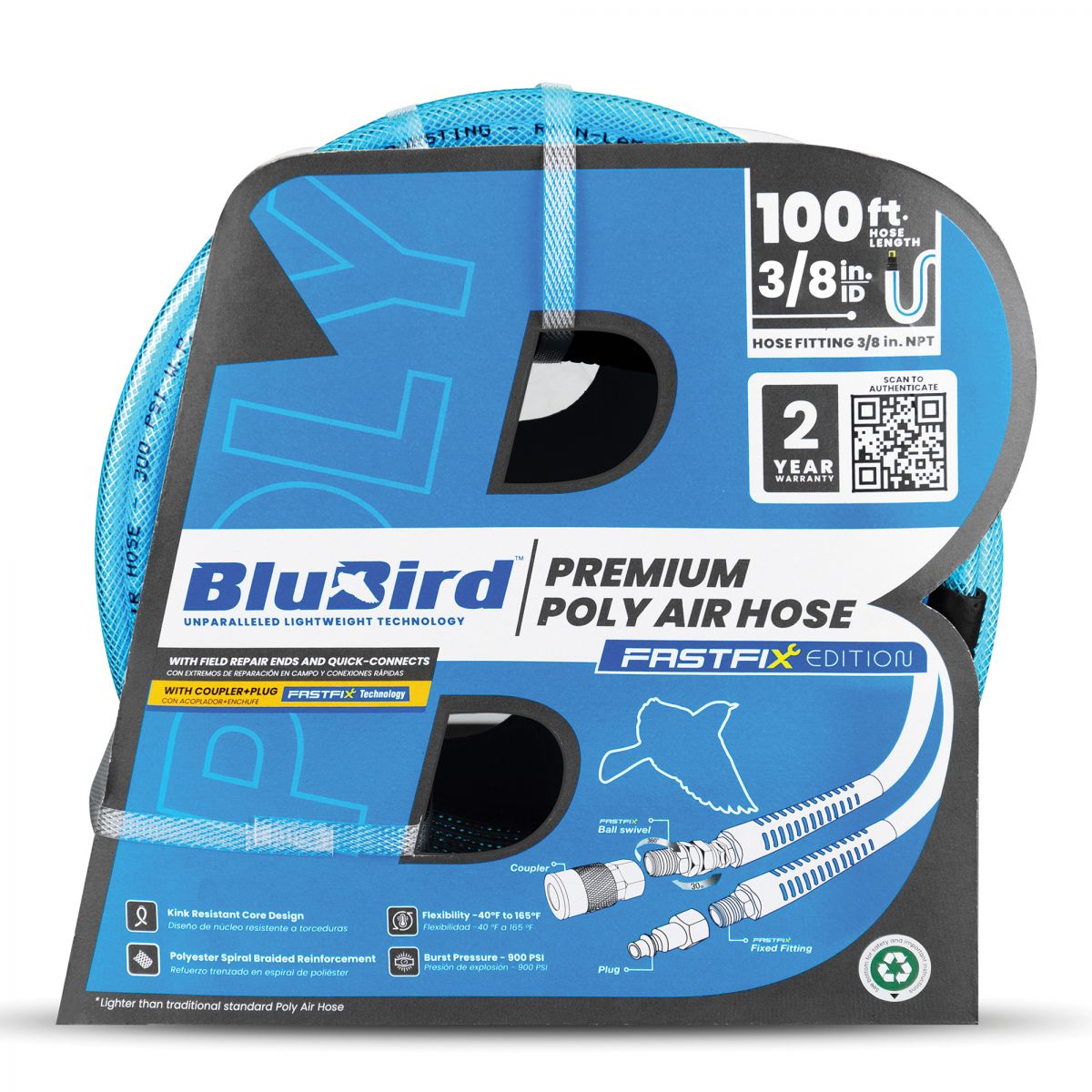 Blubird Avagard 3/8" X 100' Poly Air Hose Assembly  w/ Fast FiX Field Repairable Fitting and Quick Connect Coupler BBPU38100