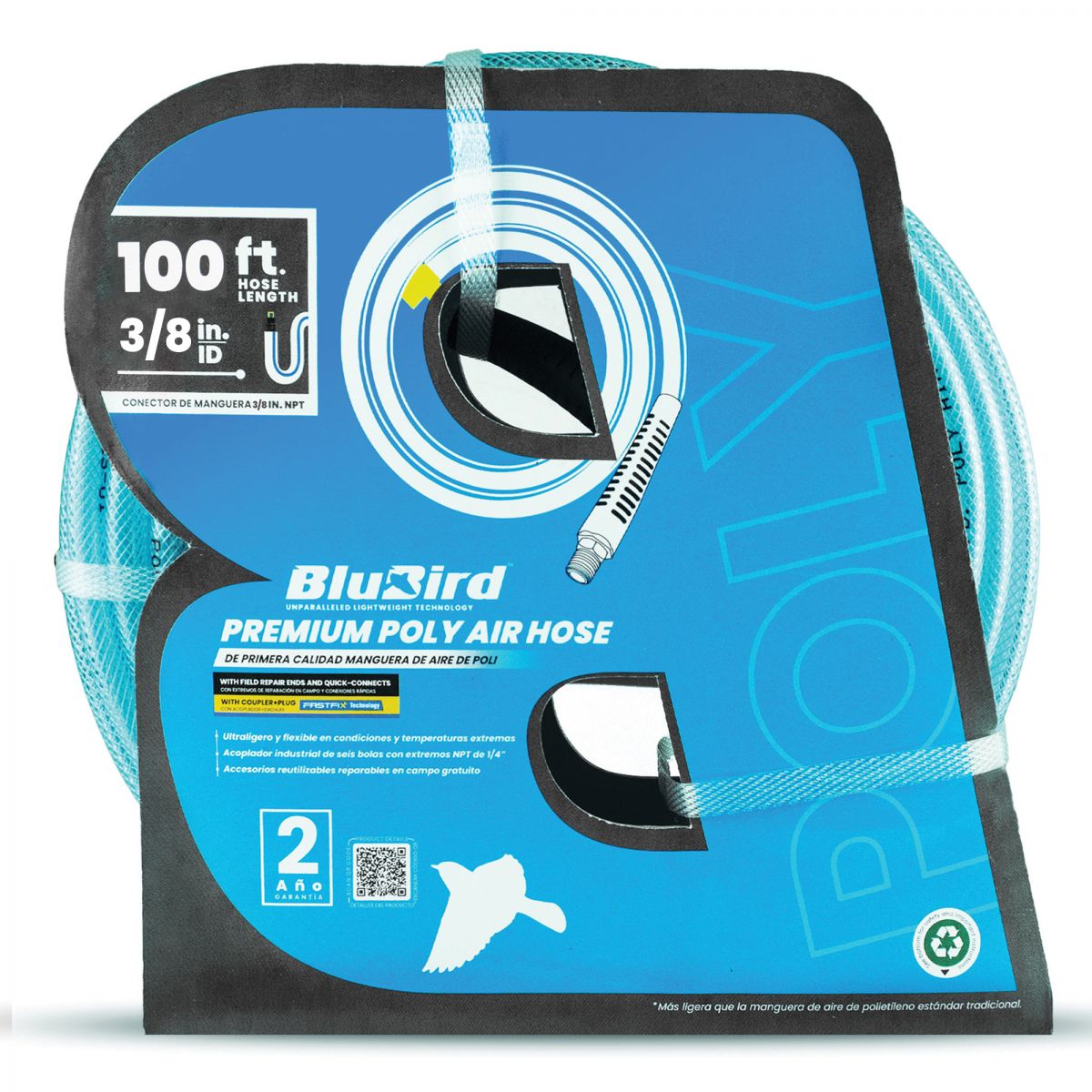 Blubird Avagard 3/8" X 100' Poly Air Hose Assembly  w/ Fast FiX Field Repairable Fitting and Quick Connect Coupler BBPU38100