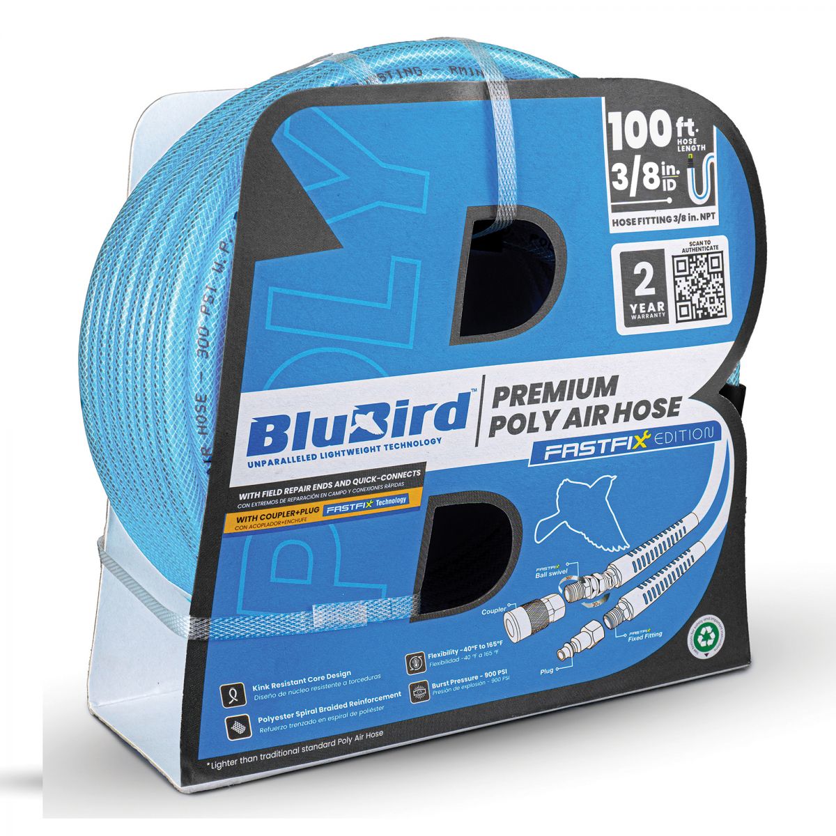 Blubird Avagard 3/8" X 100' Poly Air Hose Assembly  w/ Fast FiX Field Repairable Fitting and Quick Connect Coupler BBPU38100