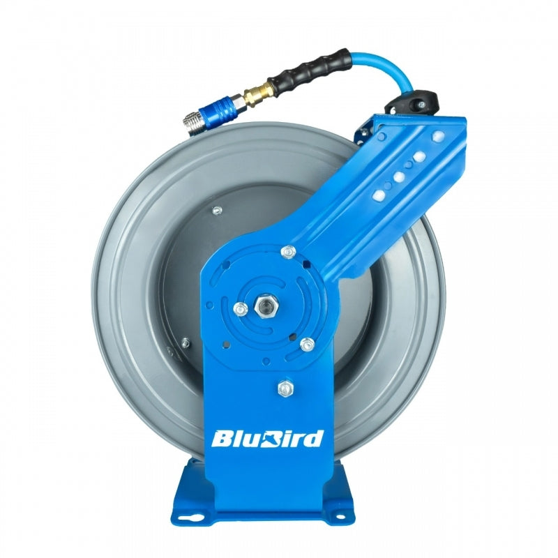 Blubird 1/2" X 50' Air Hose Dual Arm 18 Gauge Retractable Reel 180 Degree Swivel Bracket w/ 3' Jumper Hose 3/8" Male-NPT and Universal 5 in 1 Coupler BBRDA1250-AIO
