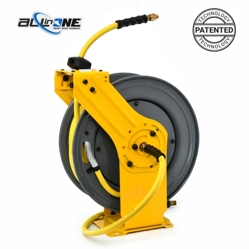 OilShield 1/2" X 50' Air Hose Single Arm 18 Gauge Retractable Reel 180 Degree Swivel Bracket w/ 3' Jumper Hose 1/2" Male-NPT and Universal 5 in 1 Coupler