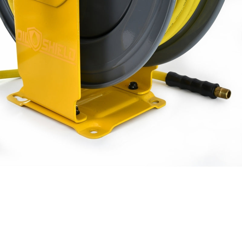 Blubird OilShield 1/2" X 50' Air Hose Single Arm 18 Gauge Retractable Reel 180 Degree Swivel Bracket w/ 3' Jumper Hose 1/2" Male-NPT and Universal 5 in 1 Coupler OSRDA1250-AIO