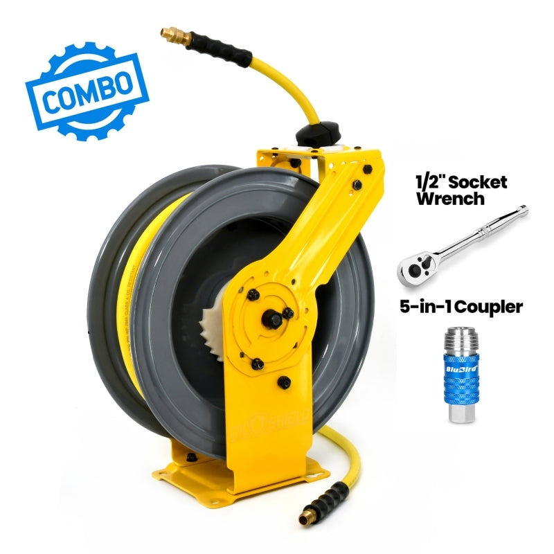 Blubird OilShield 1/2" X 50' Air Hose Single Arm 18 Gauge Retractable Reel 180 Degree Swivel Bracket w/ 3' Jumper Hose 1/2" Male-NPT and Universal 5 in 1 Coupler OSRDA1250-AIO
