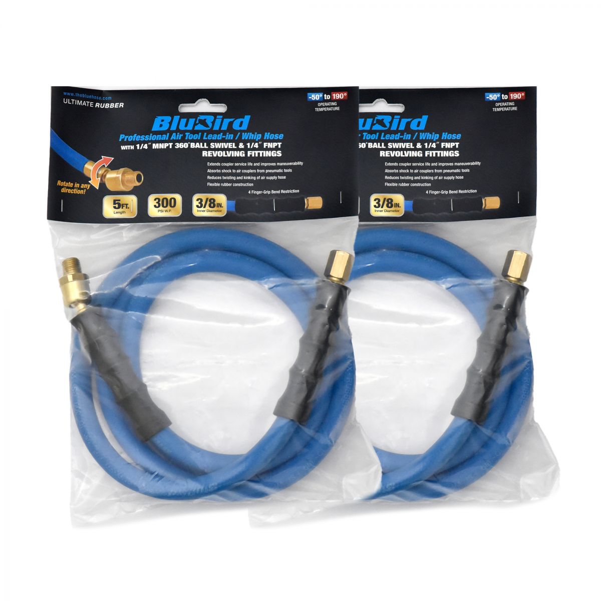 Blubird 3/8" X 5' Rubber Air Hose Whip / Snubber 3/8" Male-NPT, 2-Pack BBSR3805-2PK