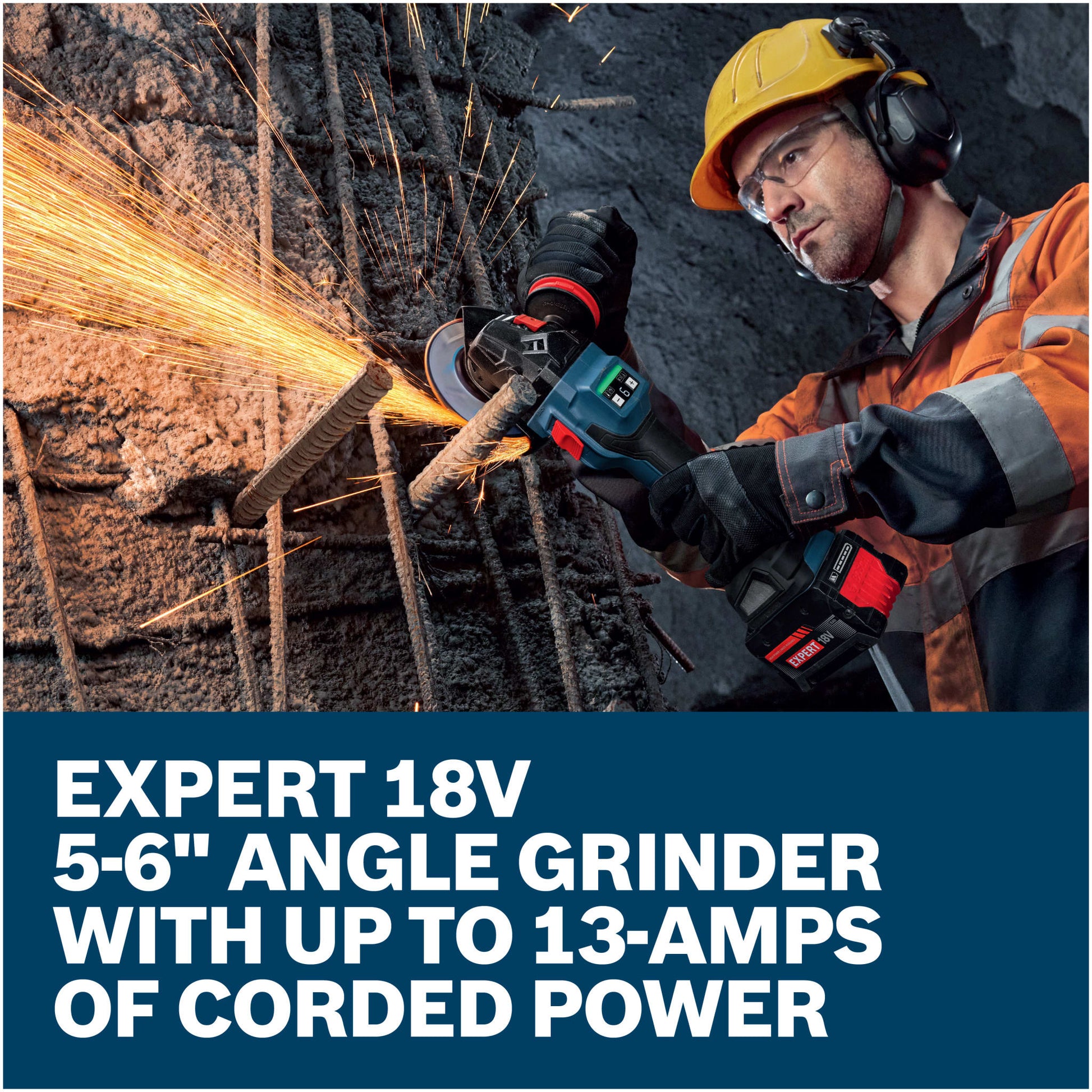 Bosch EXPERT 18V 5 - 6" Angle Grinder with Slide Switch Kit With 8.0 Ah Battery and Multi-Voltage Charger EXWS18V-15SB18X