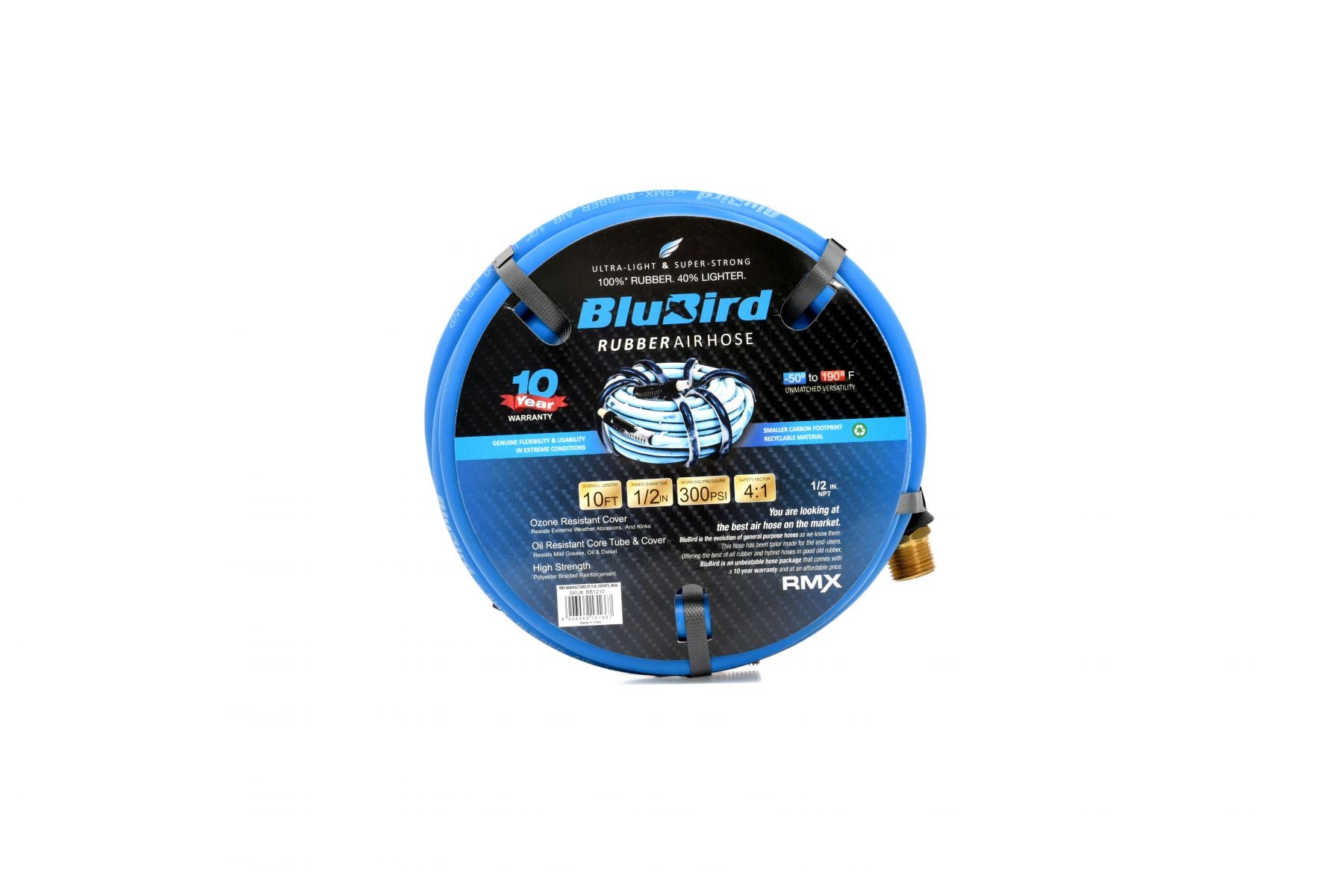 1/2" X 10' Rubber Air Hose Assembly 1/2" Male-NPT
