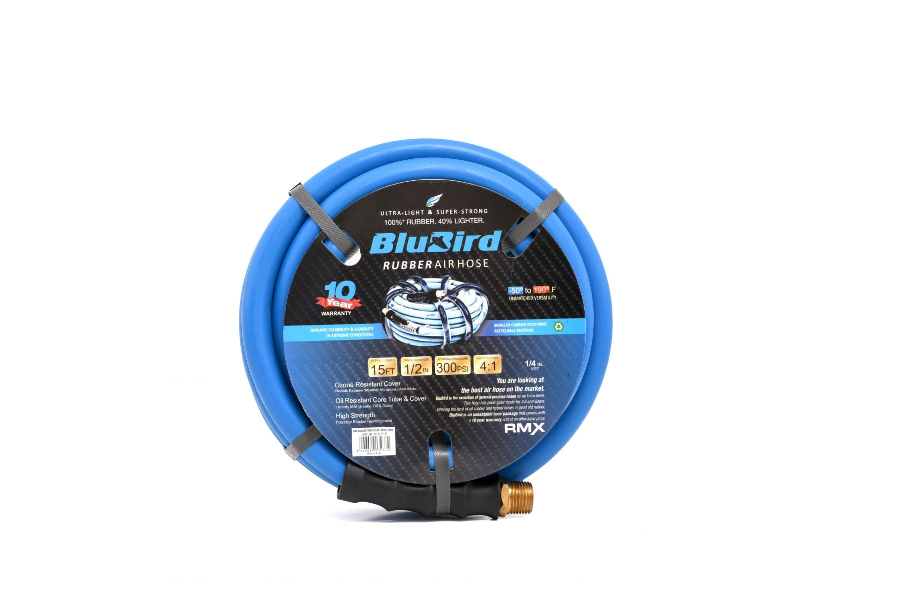 Blubird 1/2" X 15' Rubber Air Hose Assembly 1/2" Male-NPT BB1215