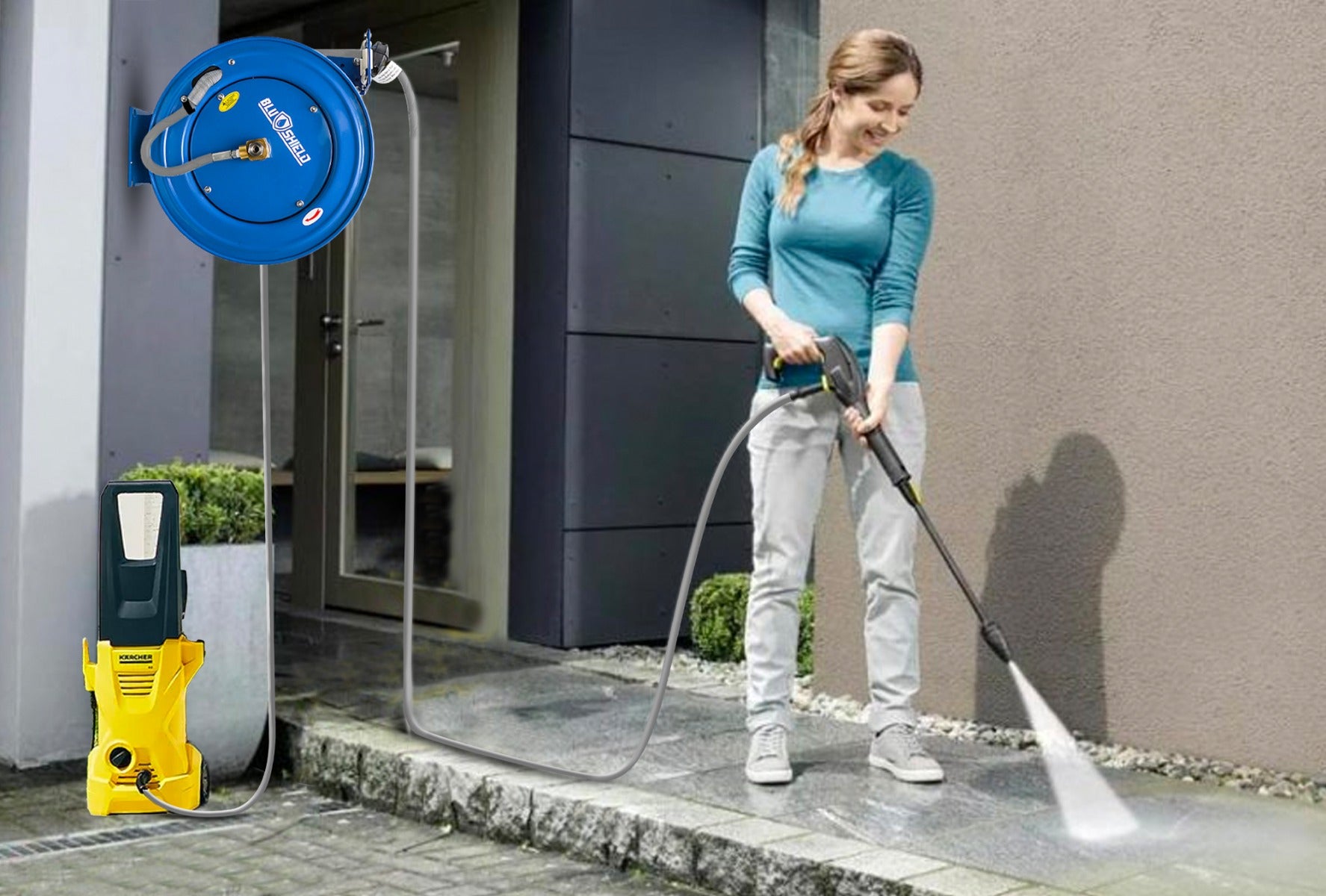 Blubird Blu Shield 1/4" X 50' Pressure Washing Heavy Duty 18 Gauge Hose Reel with 6' Lead-in-Hose M22 Connection PWRHD1450-NM
