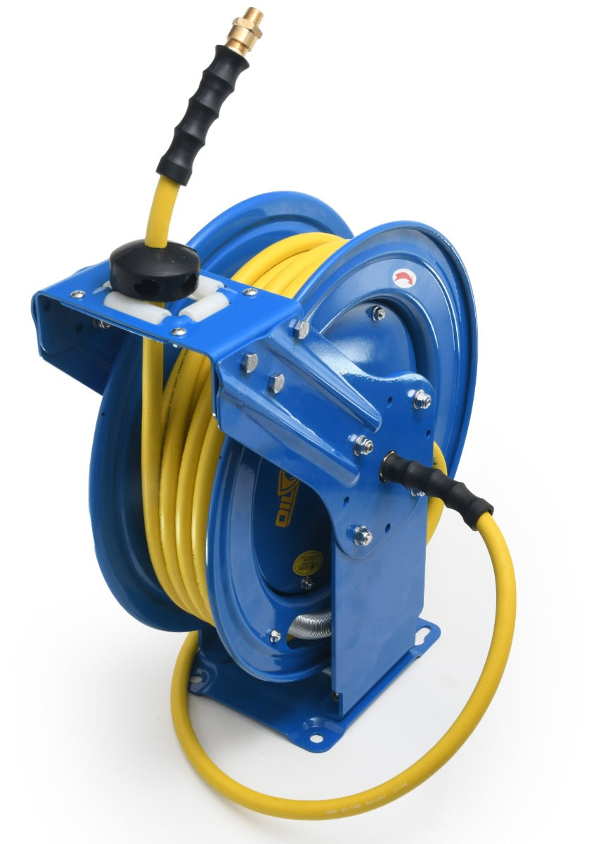 Blubird OilShield 1/2" X 100' Air Hose Dual Arm XL 18 Gauge Retractable Reel w/ 3' Jumper Hose 3/8" Male-NPT OSRDA12100