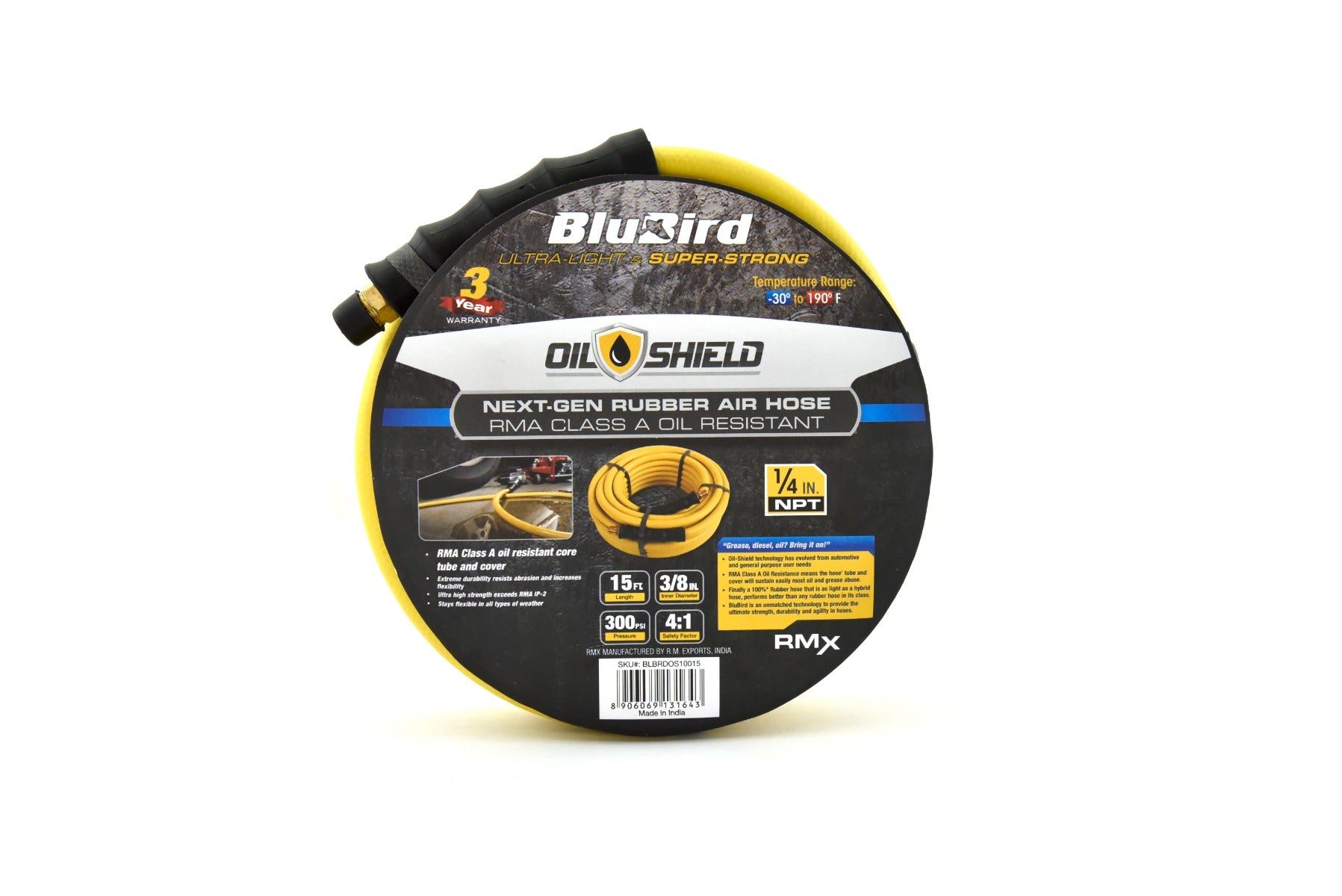 Blubird OilShield 3/8" X 15' Rubber Air Hose Assembly 3/8" Male-NPT OS3815