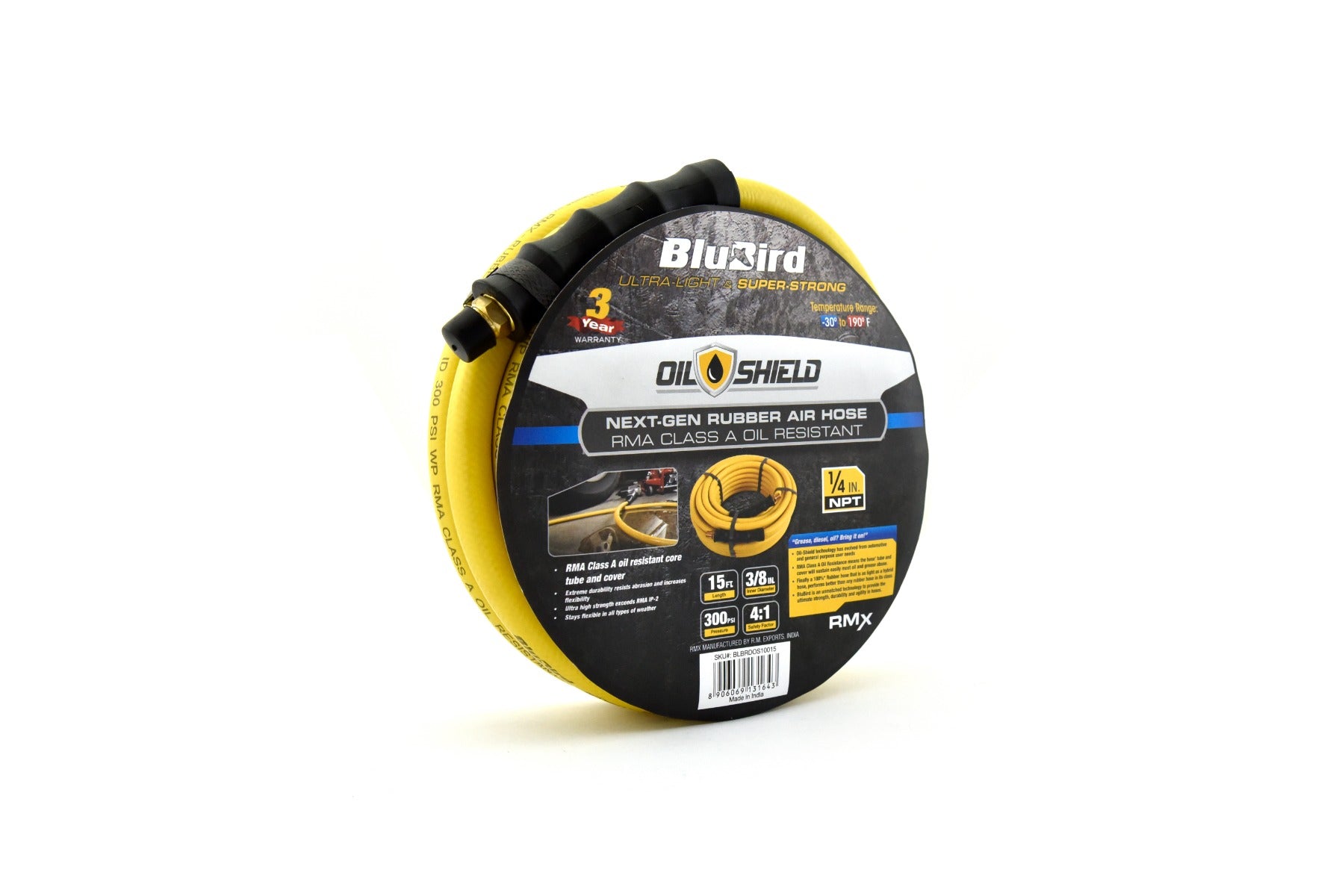 Blubird OilShield 3/8" X 15' Rubber Air Hose Assembly 3/8" Male-NPT OS3815