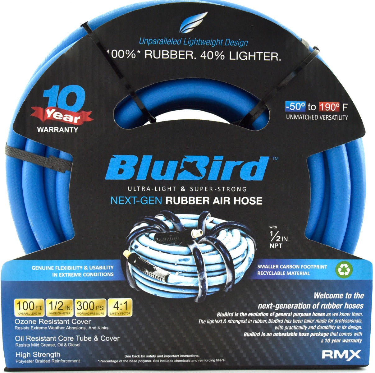 Blubird 1/2" X 100' Rubber Air Hose Assembly 1/2" Male-NPT BB12100