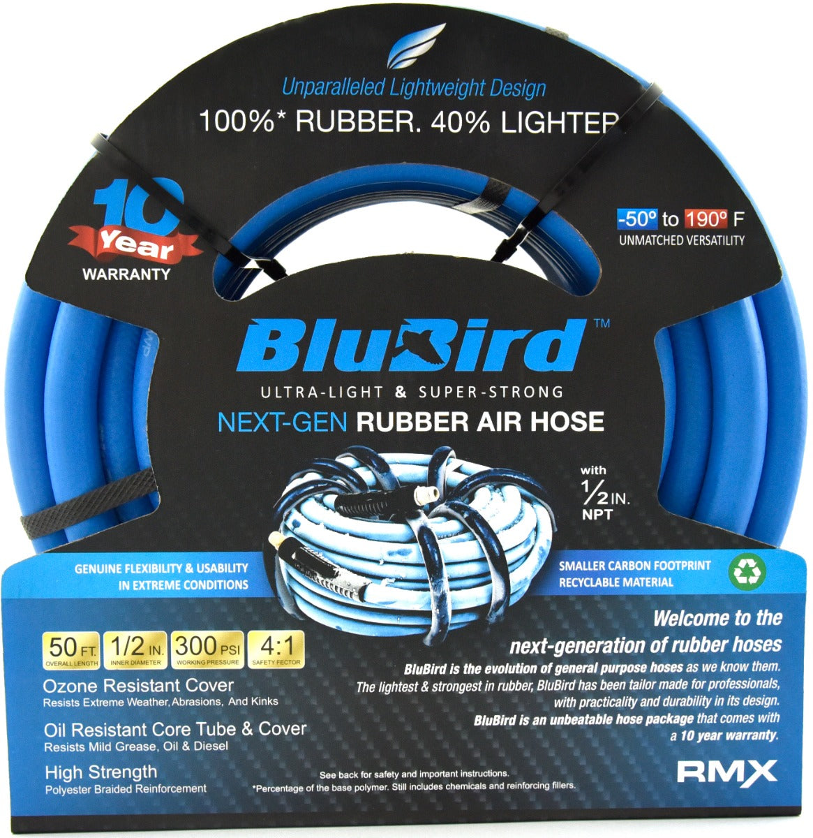 Blubird 1/2" X 50' Rubber Air Hose Assembly 1/2" Male-NPT BB1250