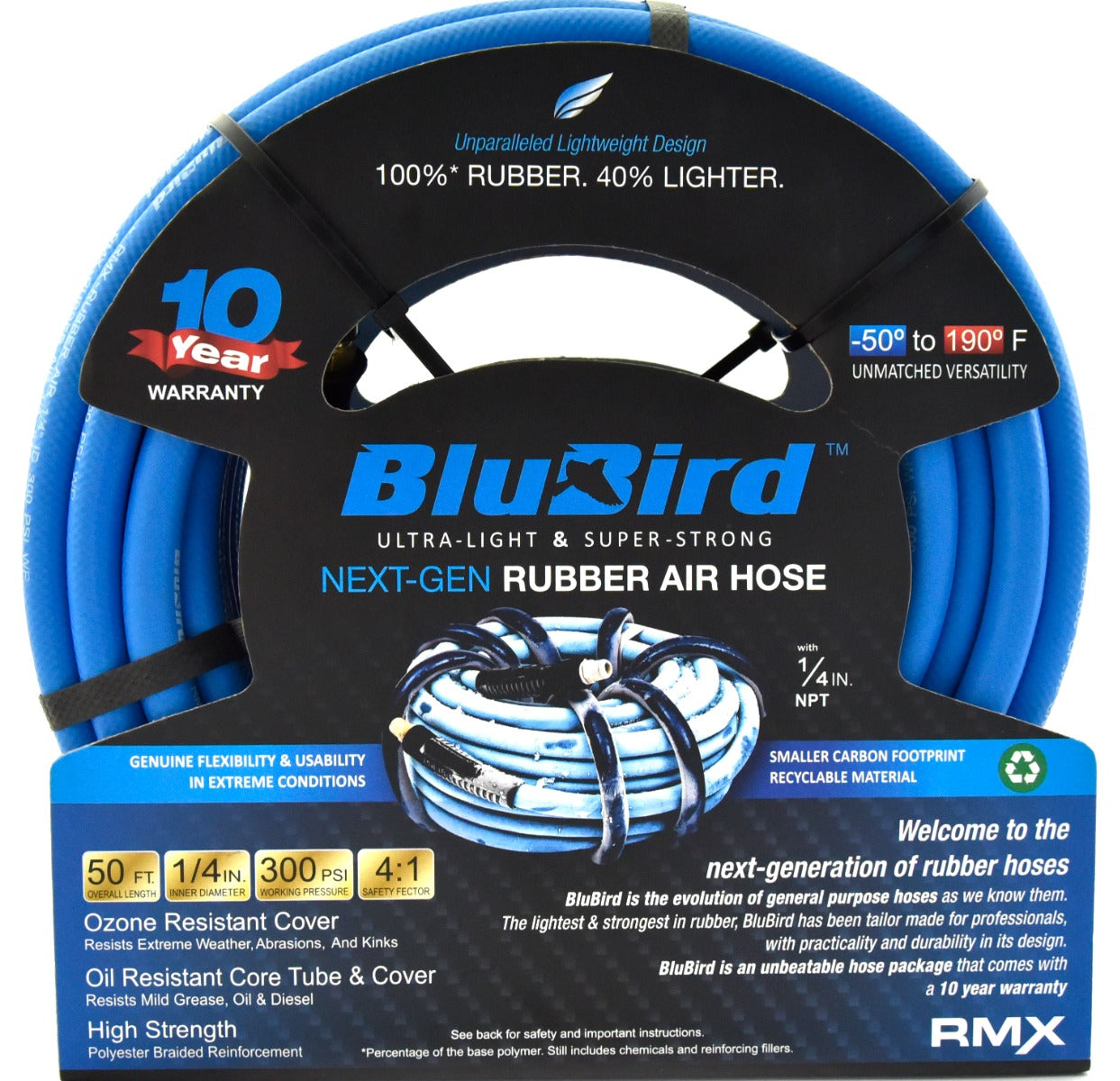 Blubird 1/4" X 50' Rubber Air Hose Assembly 1/4" Male-NPT BB1450
