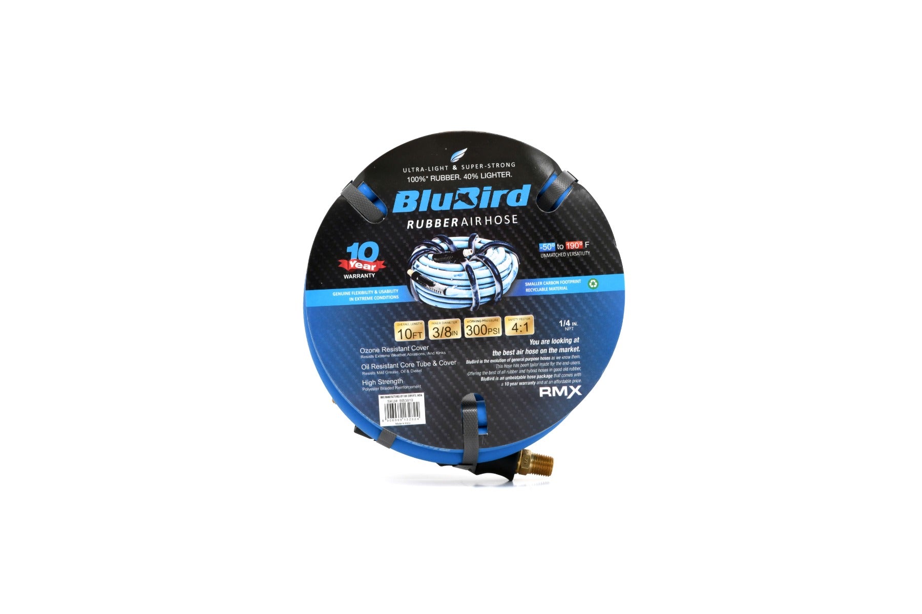 Blubird 3/8" X 10' Rubber Air Hose Assembly 3/8" Male-NPT BB3810