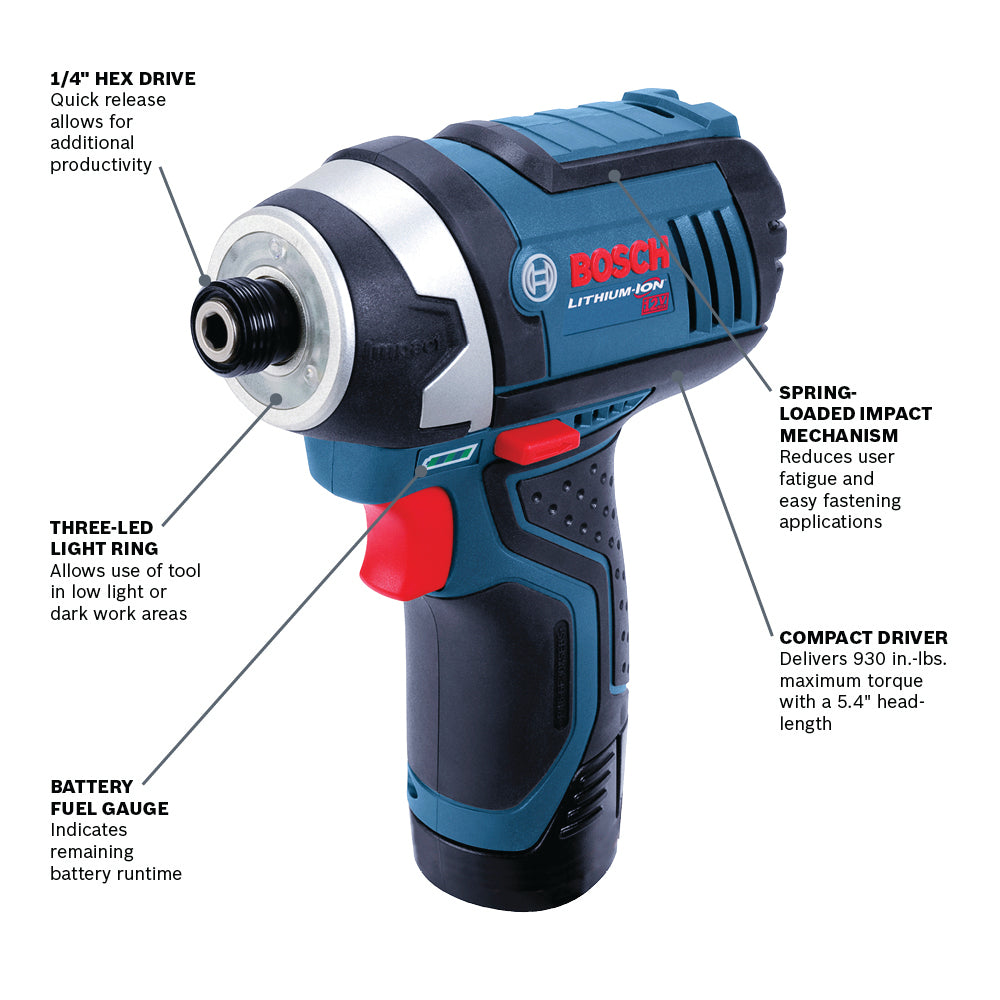 Bosch 12V Max Impact Driver Kit w/ 2, 2.0 Batteries PS41-2A
