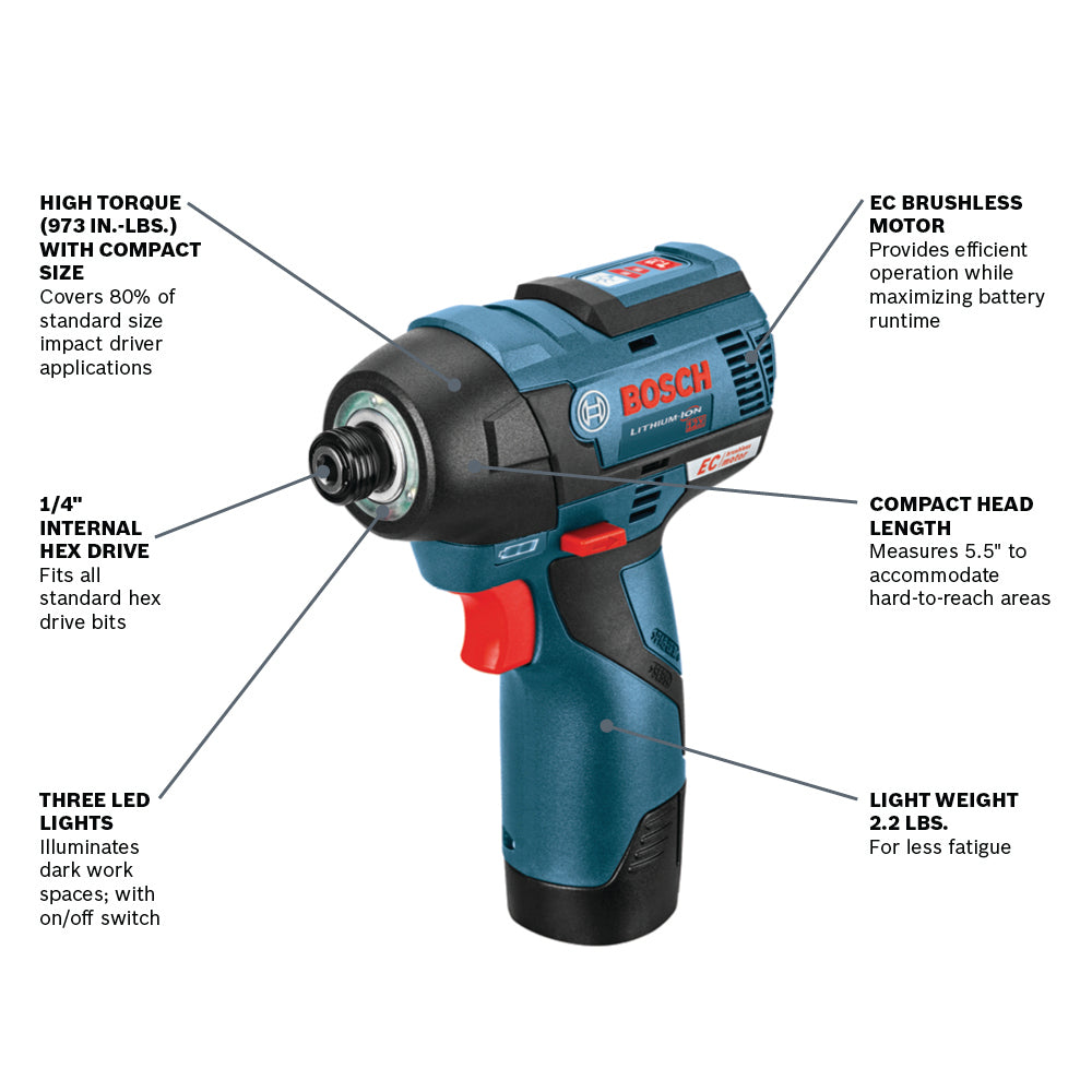 Bosch 12V Max Brushless Impact Driver Kit w/ 2, Batteries PS42-02