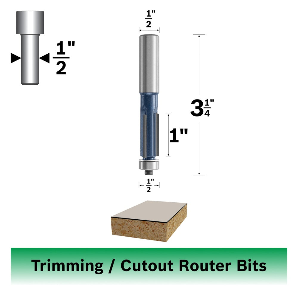 Bosch 1/2 x 1" Carbide Tip 3-Flute Flush Trim Bit 85439M