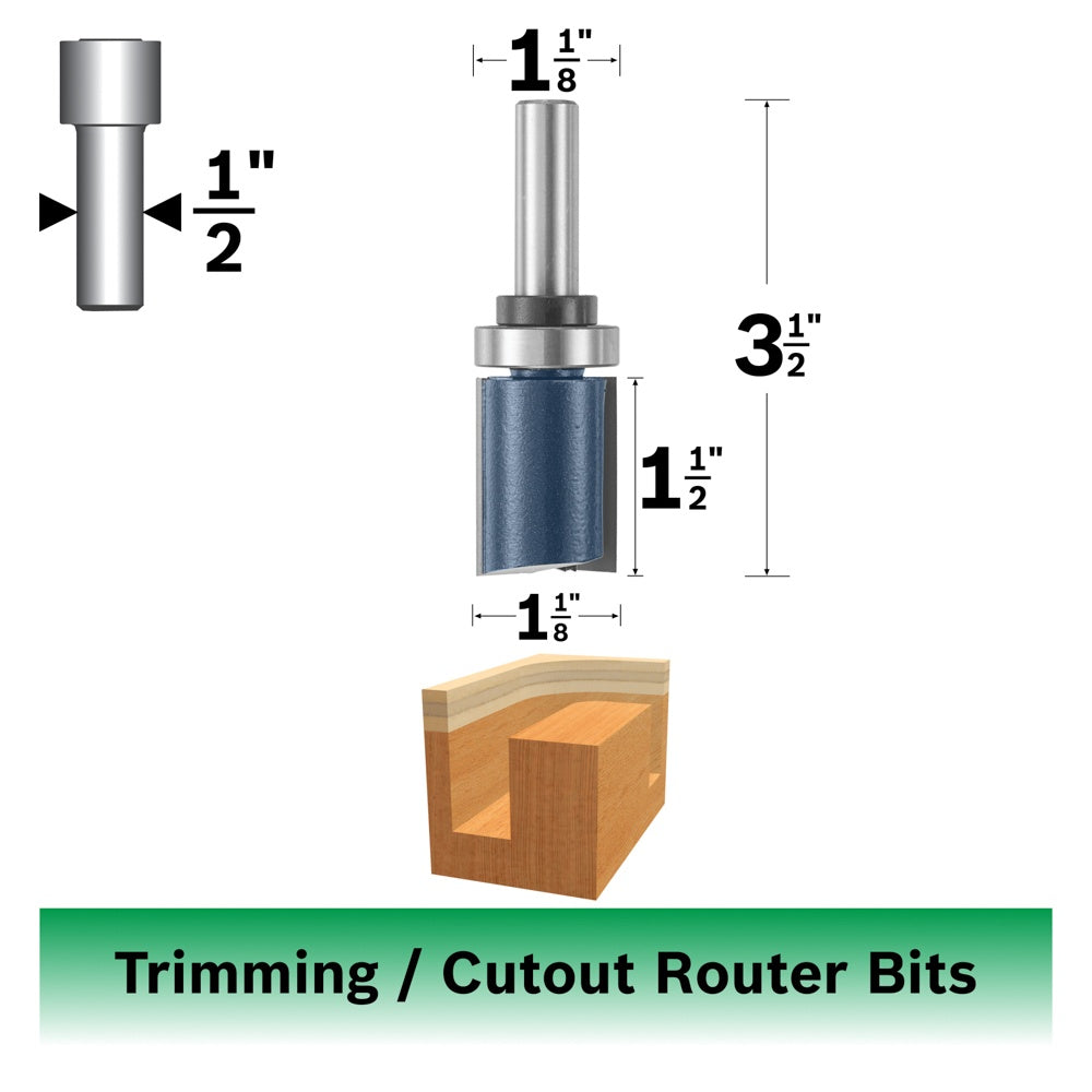 Bosch 1-1/8 x 1-1/2 in. Carbide Tipped 2-Flute Top Bearing Straight Trim Bit