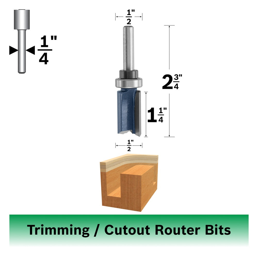 Bosch 1/2 x 1-1/4 in. Carbide Tipped 2-Flute Top Bearing Straight Trim Bit