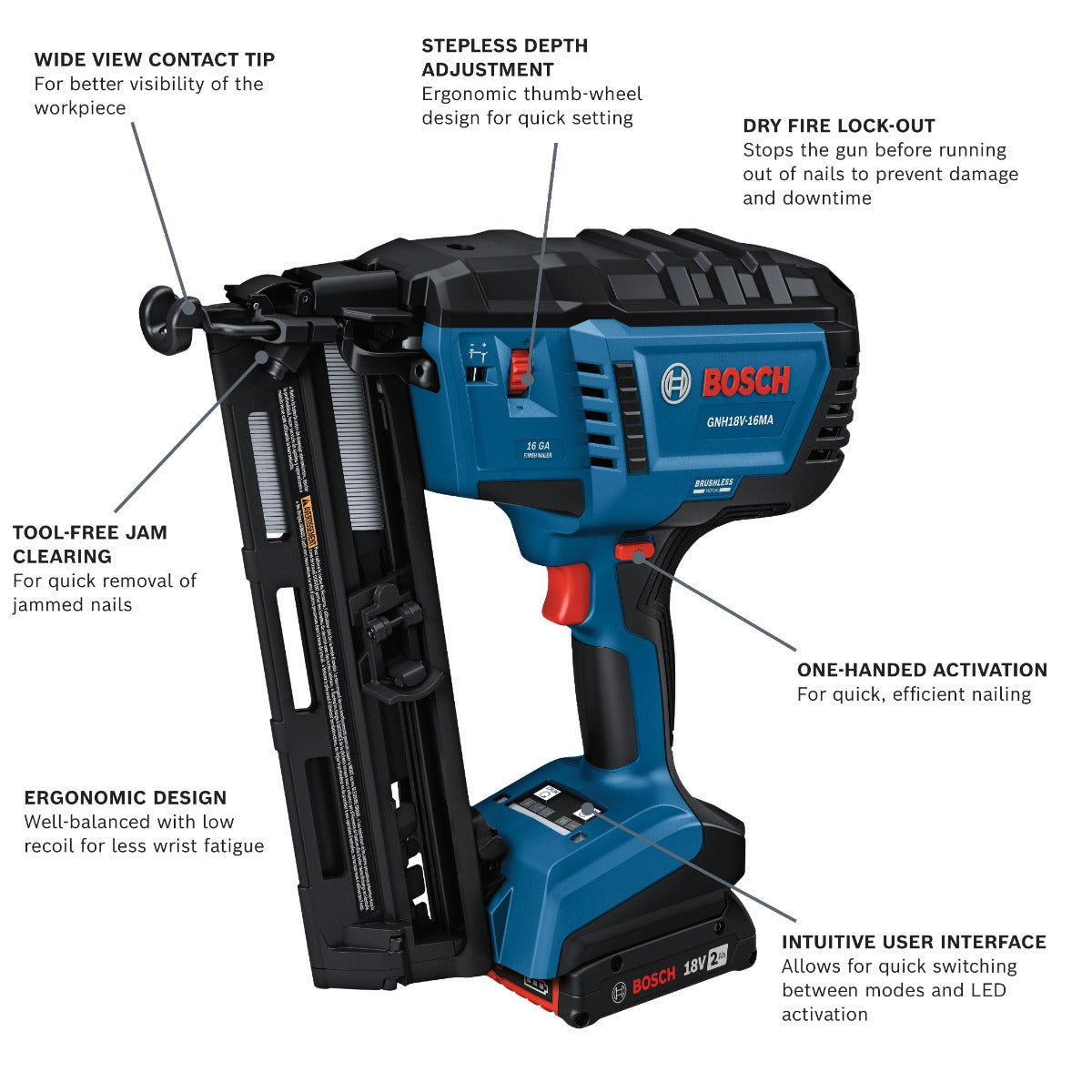 Bosch 18V Brushless 16-Gauge Angled Finish Nailer Kit w/ (1) 2 Ah Standard Power Battery GNH18V-16MAB12
