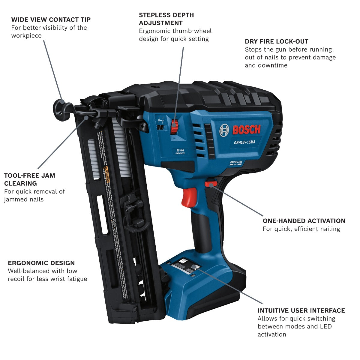 Bosch 18V Brushless 16-Gauge Angled Finish Nailer (Bare Tool) GNH18V-16MAN