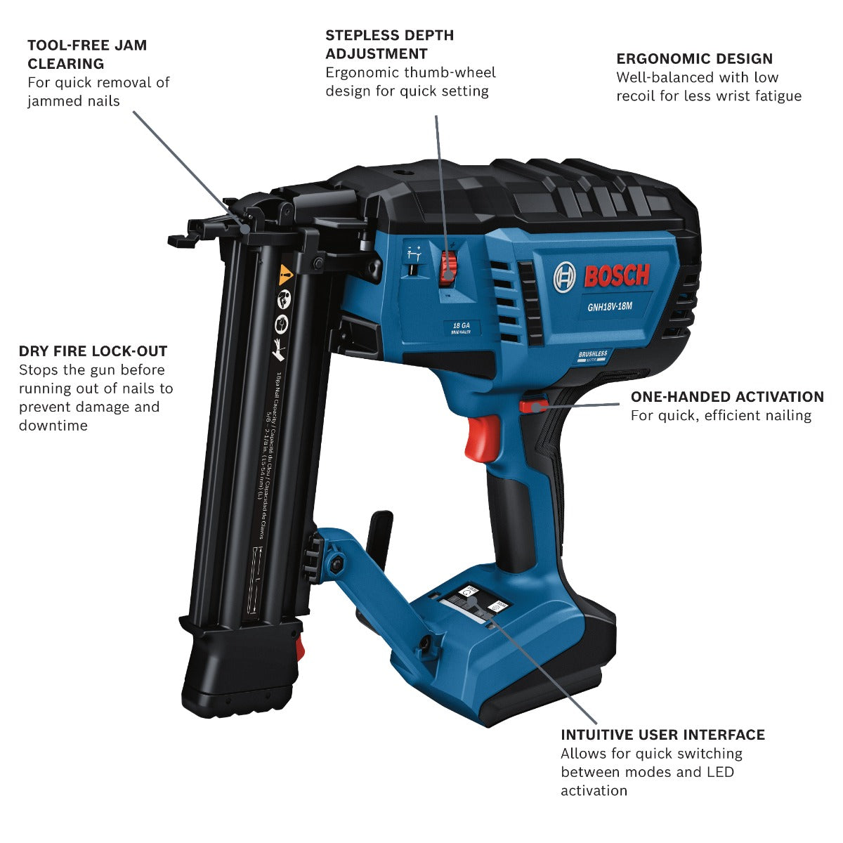 Bosch 18V Brushless 18-Gauge Brad Nailer (Bare Tool) GNH18V-18MN