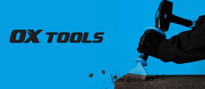 OX Tools logo with a hand using a tool on a blue background