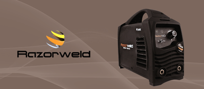 A razorweld welding machine on a brown background with the razorweld logo.