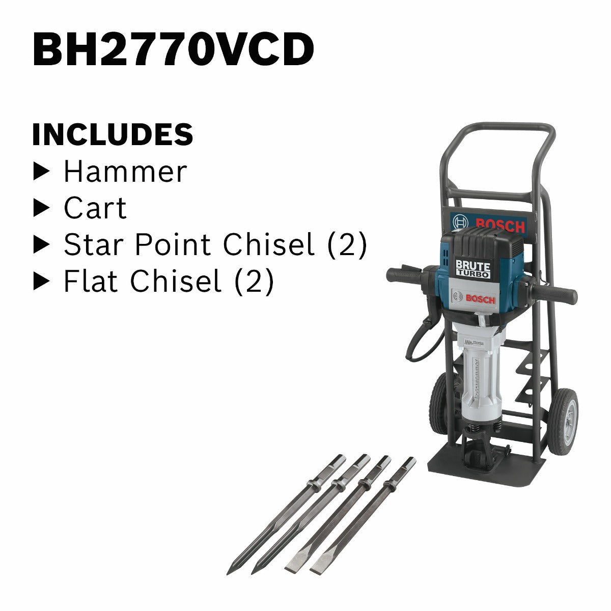 Bosch Breaker Hammer w/ Deluxe Cart, 2 Star & 2 Flat Chisels BH2770VCD