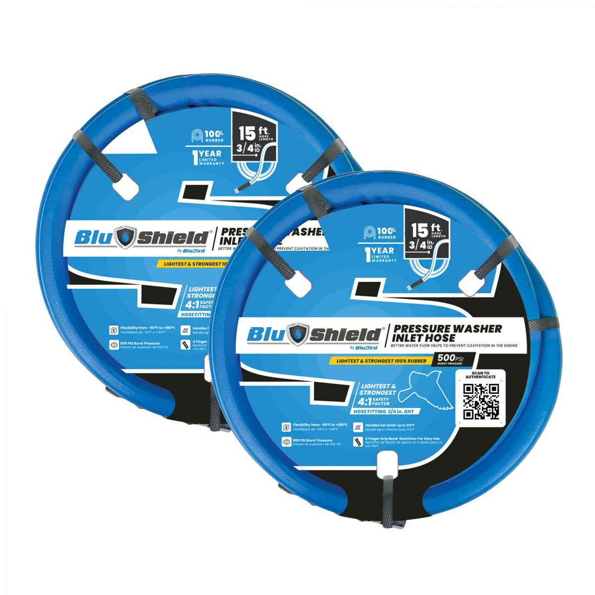 Blubird 3/4" X 15' Blu Shield Pressure Washer Inlet Hose 3/4" Male and Female GHT Fittings, 2-Pack BS3415-IH-2PK