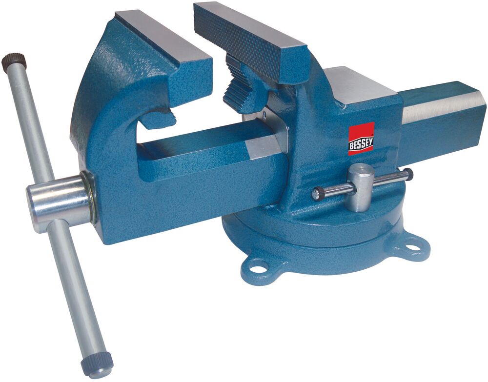 Blue Bessey drop forged bench vise with pipe jaws and swivel base 5 inch jaw width