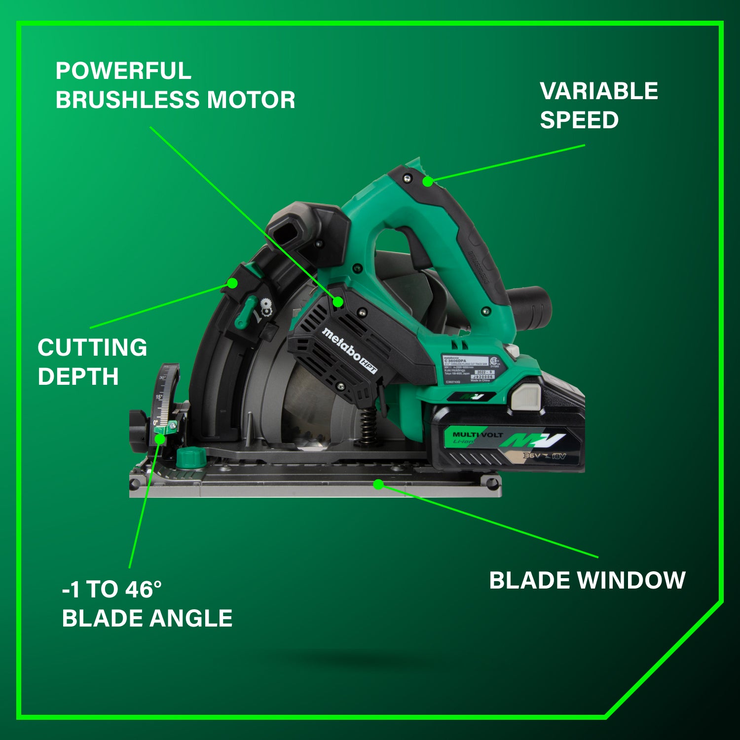 Metabo HPT 36V Cordless Brushless 6-1/2" Track/Plunge-Cut Saw with 4.0Ah Battery, Charger & Case C3606DPAM