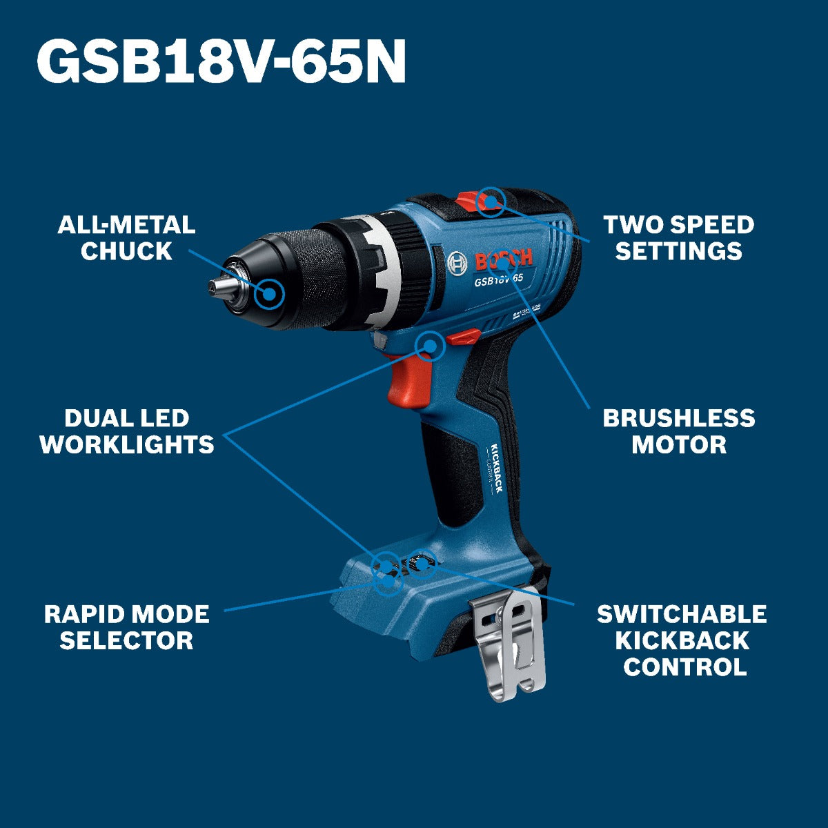 Bosch 18V Brushless 1/2" Hammer Drill/Driver (Bare Tool) GSB18V-65N