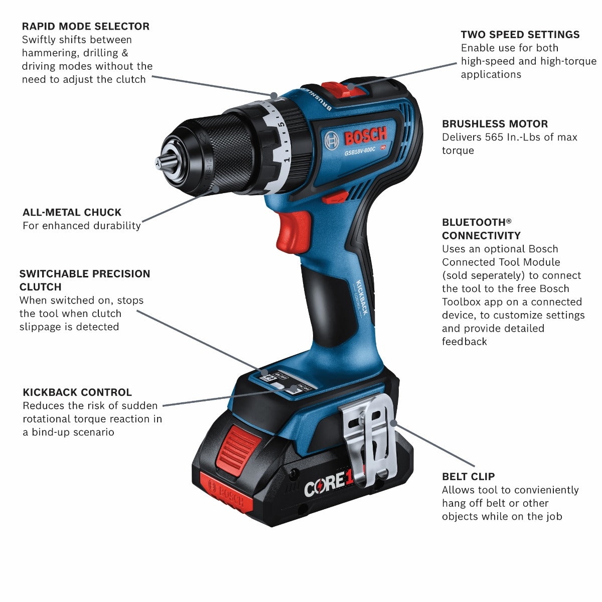 Bosch 18V Compact Hammer Drill Driver, Connected Ready GSB18V-800CB24