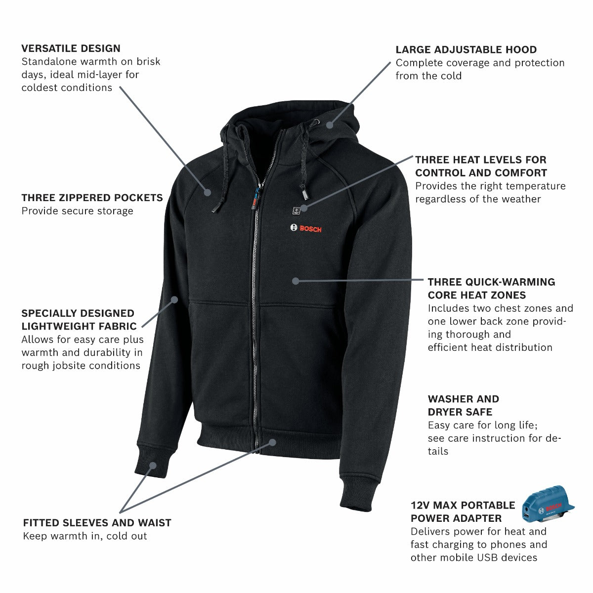 Bosch 12V Max Heated Hoodie Kit w/ 2.0 Battery, Charger XL GHH12V-20XLN12
