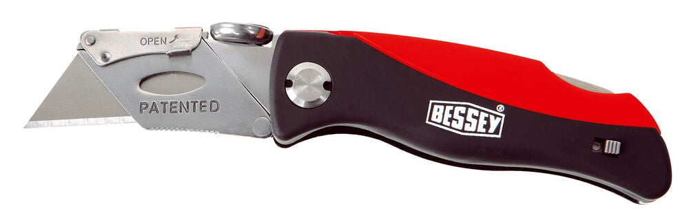 Bessey folding lock back utility knife with red and black plastic handle