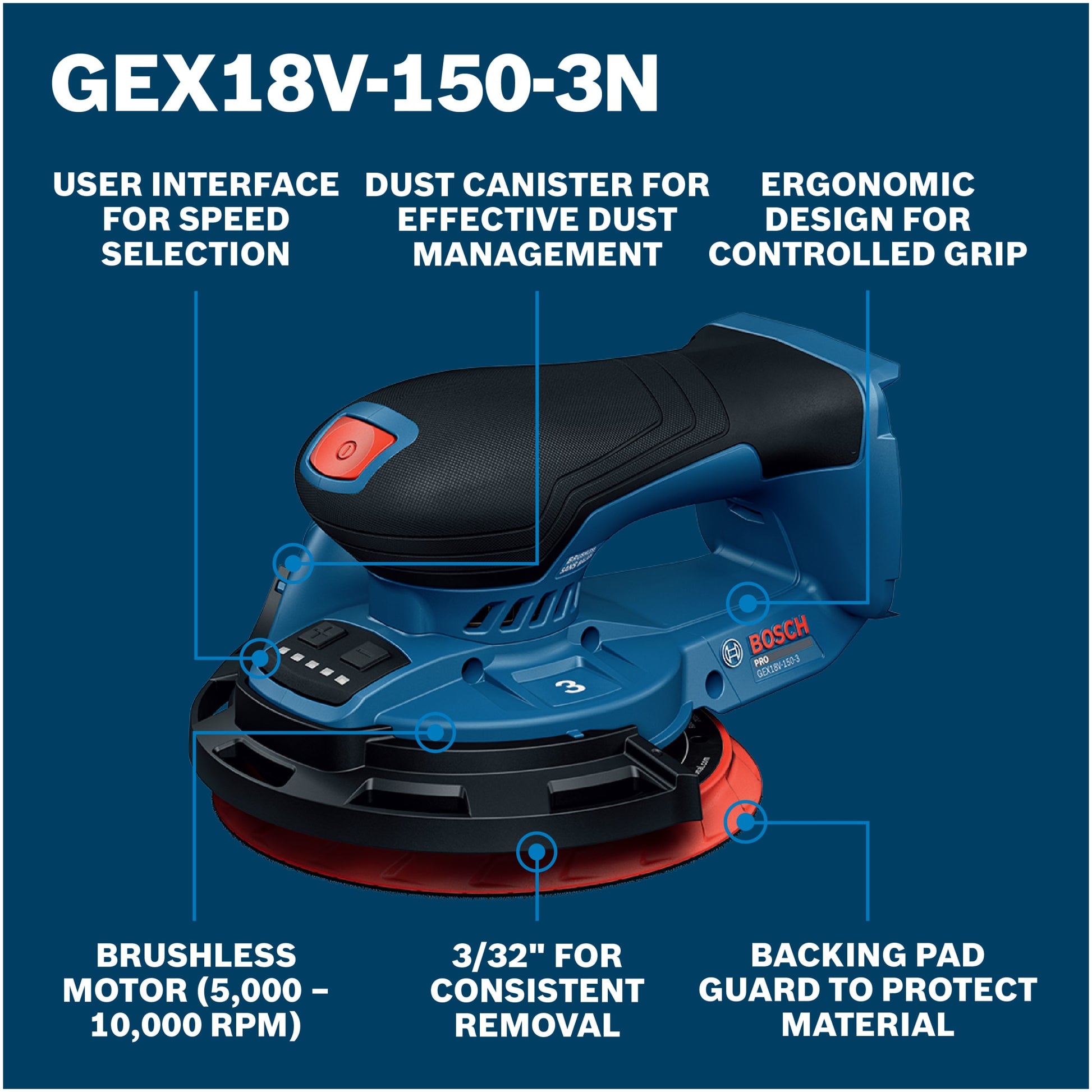 Bosch 18V 6" Random Orbit Sander 3mm (Bare Tool) GEX18V-150-3N
