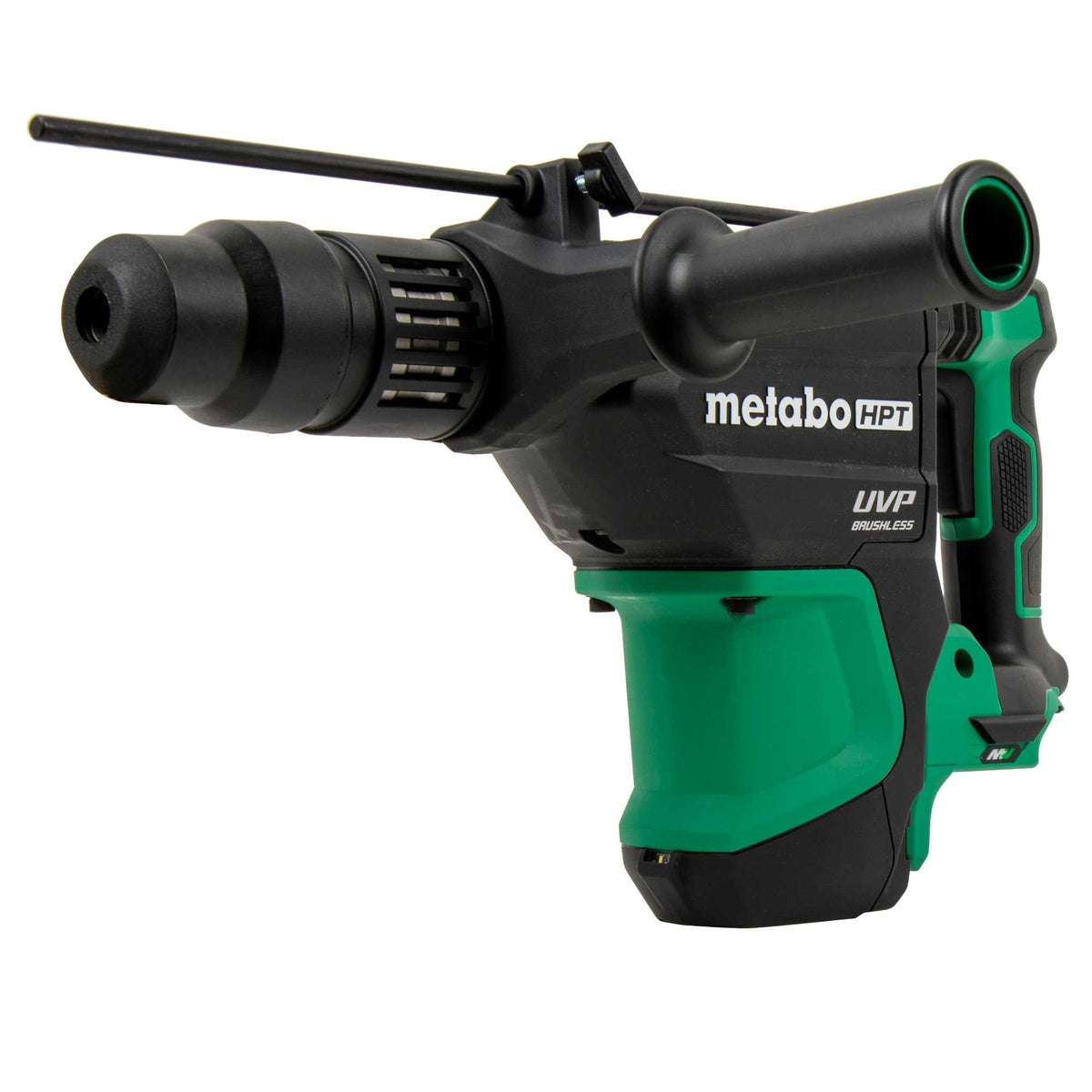 Close up of the Metabo HPT 36V SDS Max rotary hammer front end with vented chuck and green ring.