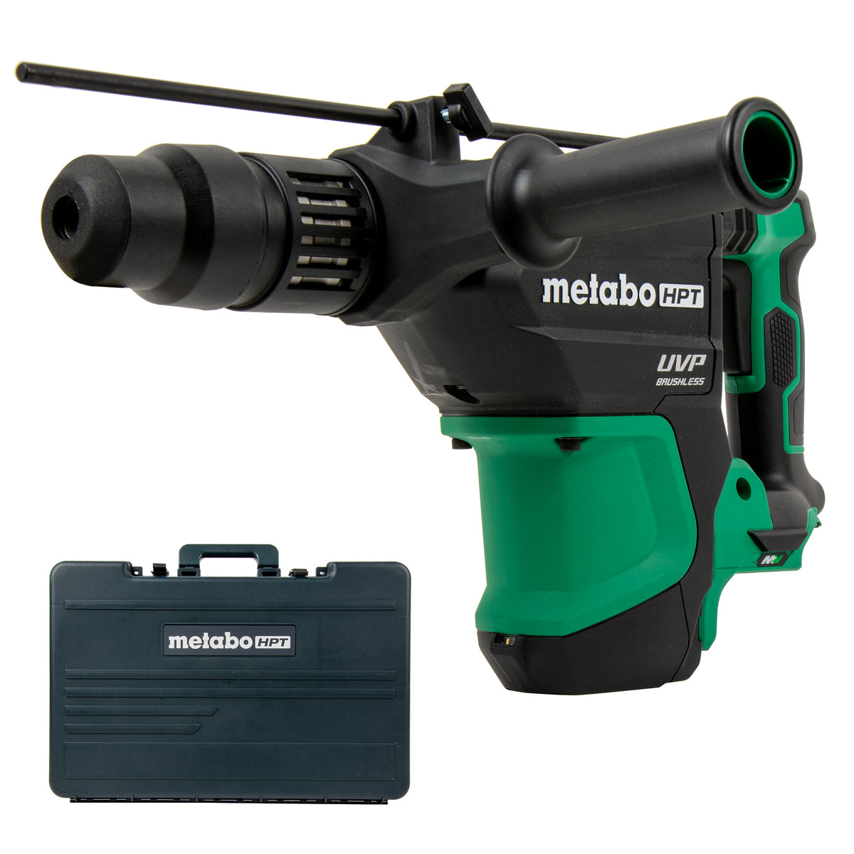 Metabo HPT 36V MultiVolt Brushless SDS Max Rotary Hammer bare tool in green and black with a carrying case