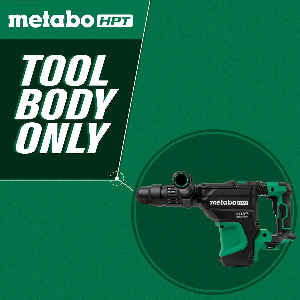 Promotional banner showing a Metabo HPT cordless tool in green and black against a dark green background